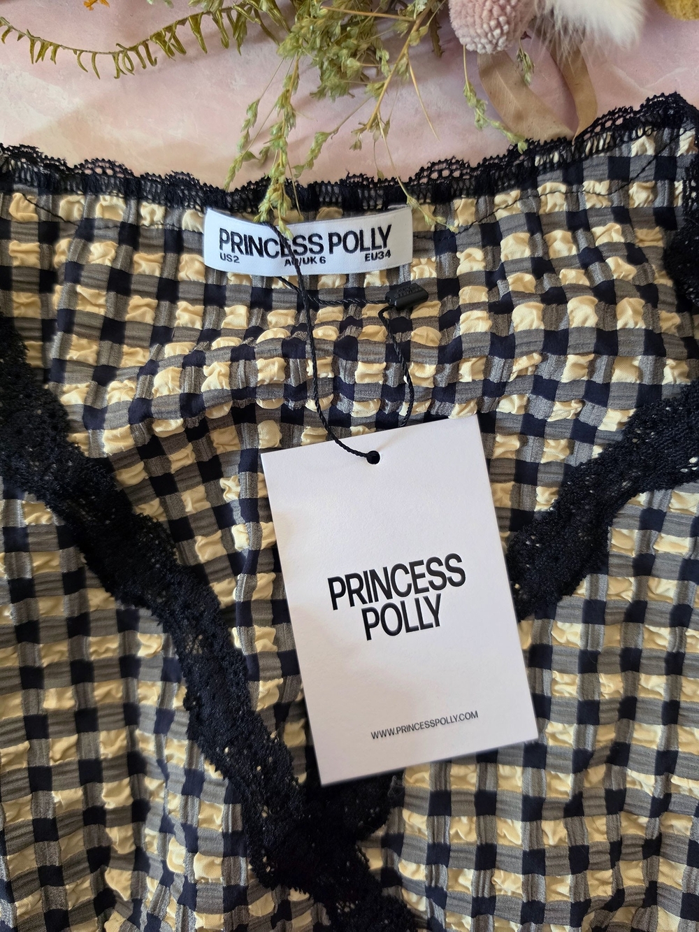 Princess Polly Meltwater Lace Trim Wrap Detail Top Black Check - NWT - Picture 6 of 6